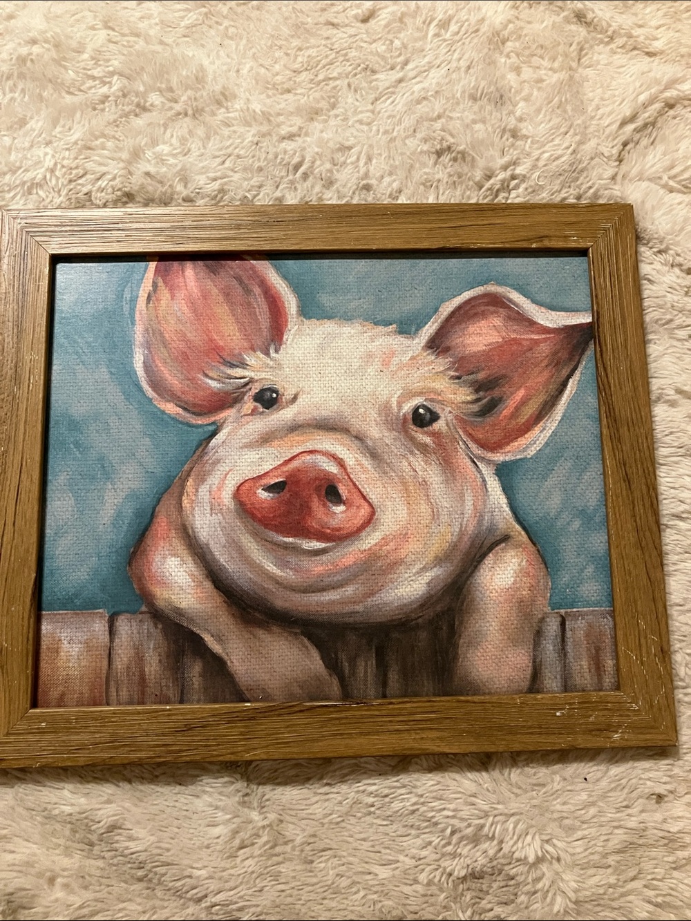 Pig Portrait Canvas Art Print in Blue and Pink - Rustic Home Wall Painting - Picture 2 of 4